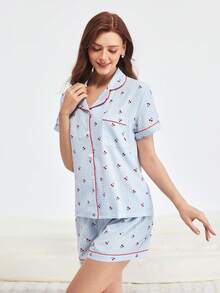 Bonmuse Bộ đồ ngủ in họa tiết quả anh đào ngọt ngào 2 món dành cho nữ, áo cổ ve cài nút tay ngắn và quần short nơ, đồ ngủ thường ngày mùa hè & đồ mặc nhà, bộ đồ hai mảnh, màu xanh nhạt mát mẻ - Màu xanh lam - Xem 5