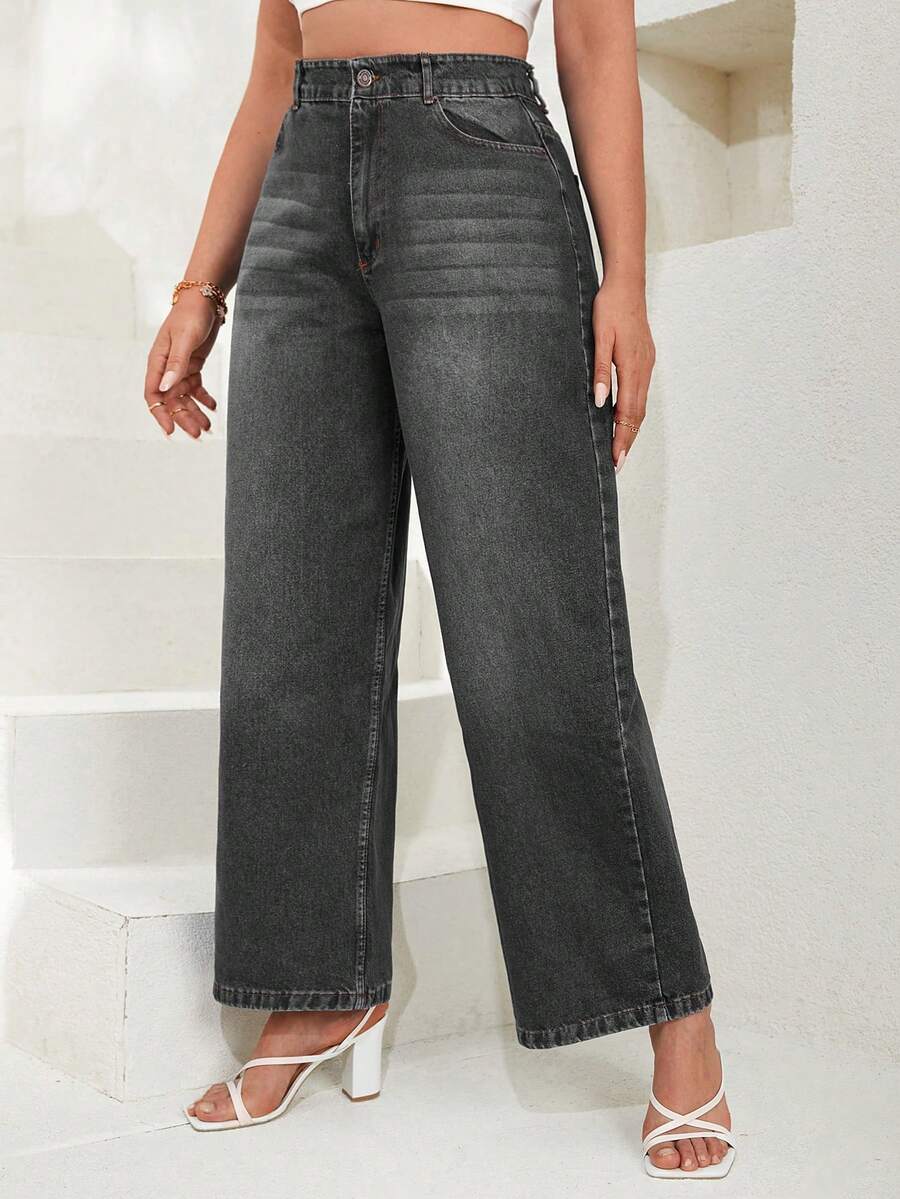 EURMUSE 100%Cotton Plus Cat's Whisker Washed Wide Leg Jeans - Dark Grey - View 1