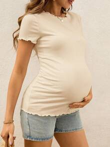 SHEIN Top de manga corta ajustado con borde de lechuga acanalado para maternidad - Albaricoque - Ver 7