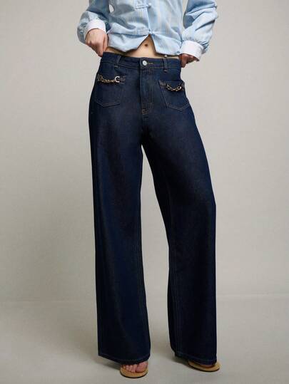 Nöista Women's High-Waisted Wide-Leg Dark Blue Jeans, Casual Style, Vintage Wash, Metal Chain Embellishments, Easy To Match With Various Tops, Suitable For Everyday Wear, Office, Or Street Style.