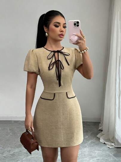 Gloray Women's Front Tie Round Neck Puff Sleeve Fashionable Mini Dress