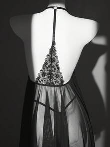 SHEIN Bộ 2 món áo ngủ ren phối ren cổ điển gợi cảm dành cho nữ - màu đen - Xem 9