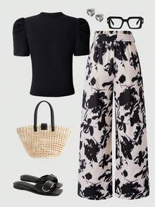 SHEIN ChillGRL Streecool 儿童青少年女孩两件套：针织纯色珍珠装饰圆领泡泡袖T恤 + 梭织数码印花直筒裤配腰带，适合春夏日常休闲穿着 - 黑色 - 查看 2