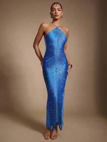 Hauture 女士流苏吊坠性感派对连衣裙，饰有金色金属装饰 - 藍色 - 查看 5