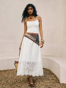 Poéselle Women's Casual White Long Flared Skirt With Scallop Eyelet And Plant Pattern Detail In Woven Fabric - White - View 6
