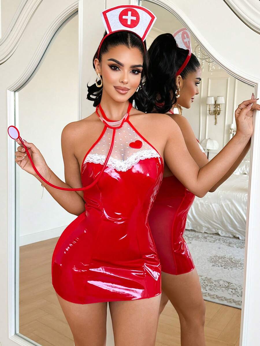 Fantasy Costume Bộ 2 món trang phục y tá lưới hình trái tim cho ngày Valentine, áo khoác ngoài gợi cảm bằng da PU bóng bẩy, có dây đeo, thích hợp cho hộp đêm, tiệc tùng, dạ hội hóa trang. - Đỏ - Xem 1