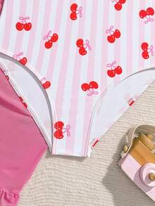 SHEIN Tween Girl Cute Knitted Cherry Pink Striped Print One-Piece Swimsuit With Mesh Skirt 2 Pieces Set, Fashionable Casual Modest Suitable For Beach - Pink - View 6