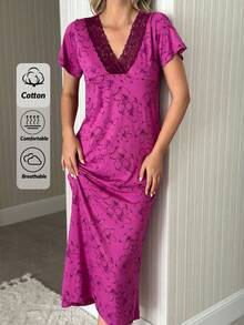 EURMUSE 女士棉质花卉图案撞色蕾丝长款家居休闲连衣裙 - 紫色 - 查看 1
