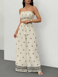 SHEIN Tall Women's Vacation Clashing Print Elegant Casual Stretchy Slimming Shirred Top Wide Leg Pants Set Tube Top And Pants Set Women Summer Clothes Women Two Pieces Outfits Vacation Outfits Woman Vacation Two Pieces Set Boho Women Clothing Flower Bohemian Vacation Outfits Woman Skirt Set Two Piece Outfits Women Maxi Skirt Two Piece Set Yamuna Cruise Summer 2 Piece Sets Woman Strapless Top And Skirt Set - Beige - View 7