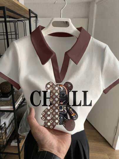 Rovax Women's Letter & Cartoon Bear Print Contrast Color Polo Collar Short Sleeve Top