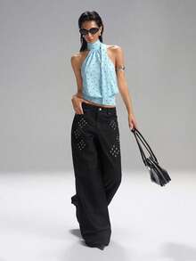 LYSMO 女士波点高领拉链针织吊带背心，无袖，简约休闲，适合日常通勤，蓝色 - 藍色 - 查看 4