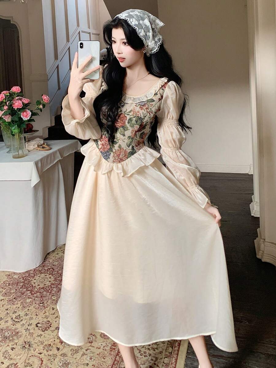 Women's Elegant Floral Patchwork Frill Trim Long Dress, Spring/Summer Wedding Guest Dress - Beige - View 1