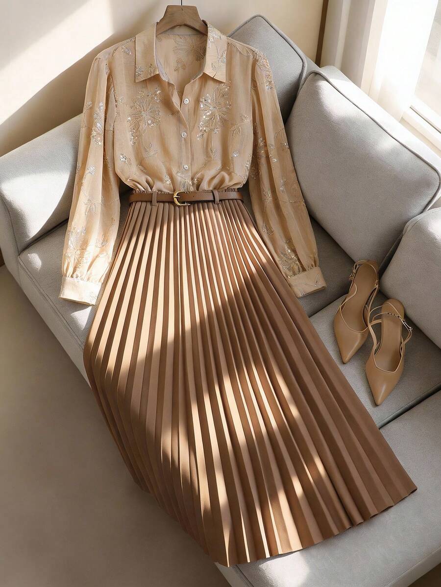 Modelyn Conjunto de camisa de manga larga con bordado de lentejuelas y falda midi plisada versátil para mujer, elegante y de talla grande - Caqui - Ver 1