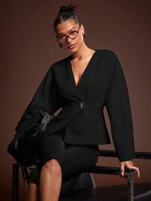 Hauture Women's Office Casual Elegant Low Front Neck With Barrel Sleeves Tweed Blazer - Black - View 3