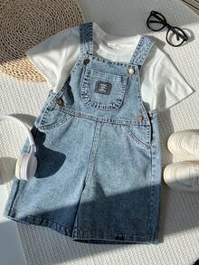 2pcs/Set Young BoyFitted Denim Bib Shorts And White T-Shirt - Blue - View 7