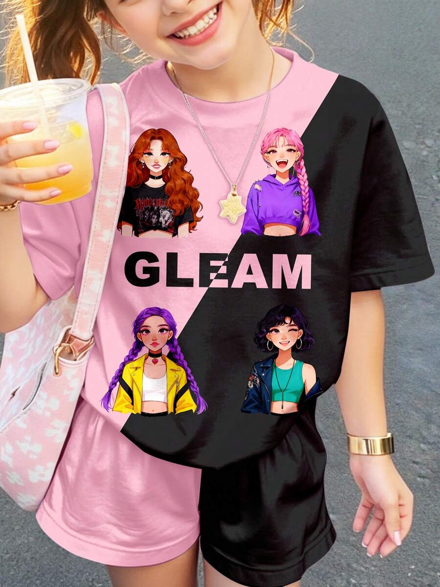 SHEIN 两件套女童粉色撞色暗夜黑卡通女孩肖像休闲简约短袖上衣和短裤,可爱夏季外出装,夏季童装,韩版风格,返校季,舒适时尚,春夏外出装,休闲服饰,婴幼儿印花上衣,夏季新款,春夏时尚 - 彩色 - 查看 1