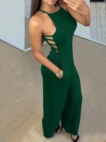 INAWLY 女士休闲细肩带吊带背心和阔腿裤连体裤 - 墨綠色 - 查看 4