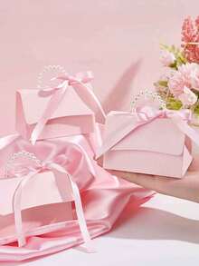 10个珍珠手提结糖果盒个性化创意派对小礼品包装袋手提礼盒婚礼伴侣礼物烘焙饼干巧克力花朵浮雕包装盒 - 粉色 - 查看 3