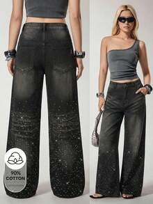 Y2Kool Casual Sexy Urban Icon Chic Y2K Modern Minimalist Fashion Women Rhinestone Embellished , Suitable For Outings, Travel, Daily, Vacation, Party, Spring/Summer Cotton Denim Jeans Wide Leg Rhinestone Jeans Bling Jeans Glitter Jeans Wide Leg Jeans Baggy Jeans Y2k - Multicolor - View 1