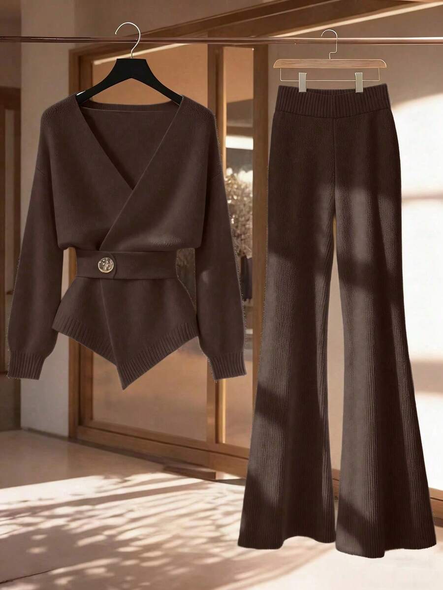 Franclia 2pcs/Set Women Casual Loose Fashion Elegant Commuting High-Quality Knitted Sweater Set, Autumn/Winter - Chocolate Brown - View 1