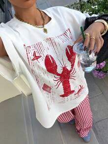 Muchica Women's Casual Lobster Print T-Shirt & Plaid Pants 2 Pieces Set, Summer - Red and White - View 4