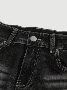 ROMWE Grunge Punk Y2K Retro Washed Pocket UK Flag Print Super Low Waist Denim Shorts - Black - View 3