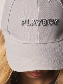 Missguided x Playboy 镶钻棒球帽，饰有水晶标志细节，休闲街头风帽子 - 淺灰色 - 查看 2