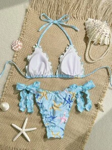 Swim Mod Bộ bikini 2 mảnh dành cho nữ, kiểu dáng tam giác buộc dây cổ yếm, họa tiết sao biển, thích hợp cho đi bơi dạo chơi hoặc du lịch. - Nhiều màu - Xem 2