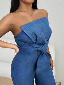 Vavine 1 Set Women Bow Tie Strap Fitted Top And Straight Textured Elastic Waist Casual Pants - Blue - View 6