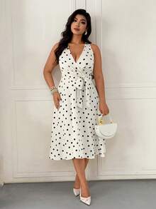 Femmeverse 大码女式波点复古风收腰连衣裙 - 彩色 - 查看 6