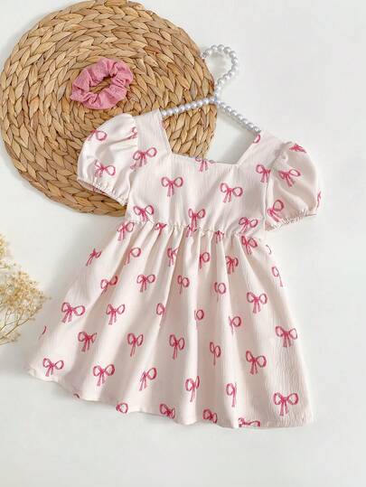 Baby Girls' Sweet Cute Pink Korean Textured Crinkle Fabric Bow & Floral Print Short Sleeve Square Collar Fashion Princess Dress