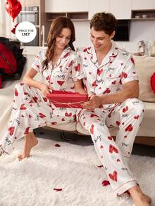 CoupledUp Bộ đồ ngủ nam tay ngắn in hình trái tim bằng lụa giả - Đỏ và trắng - Xem 3