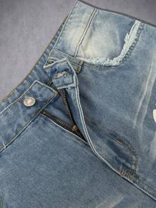 Manfinity ZONE917 Quần jeans ống rộng nam kiểu American Vintage màu xanh nhạt bạc màu, in họa tiết kỹ thuật số, rách rưới. - Màu xanh lam - Xem 7