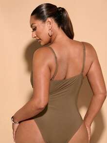 SHEIN BAE Áo liền thân dệt kim cổ tim mùa hè dành cho nữ cỡ lớn, phối ren và xếp ly, màu đen. - màu nâu - Xem 2