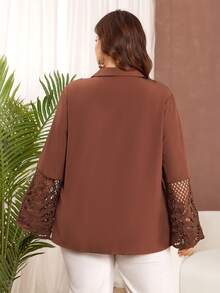 Lacomfia Plus Size Casual Solid Color Lace Trim Loose Long Sleeve Shirt, Spring/Autumn - Brown - View 2