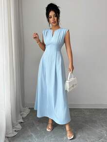 Celisse Elegant V-Neck Short Sleeve A-Line Midi Dress, Casual Waist Cinched Design For Women - Blue - View 4