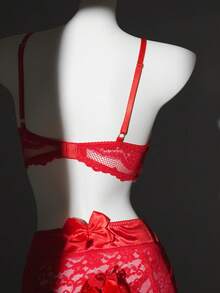 SHEIN Bộ đồ lót satin phối ren thắt nơ cổ điển gợi cảm dành cho Ngày Valentine, 5 món - Đỏ - Xem 8