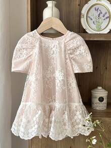 LMoss Kids 女婴圆领泡泡袖花卉刺绣网纱可爱连衣裙 - 白色 - 查看 3