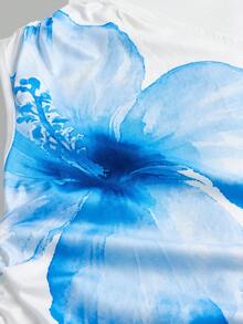 SHEIN Teen Girl Casual Vacation Daily Off Shoulder White Base Blue Floral Print Snug Fit T-Shirt Top - White - View 4