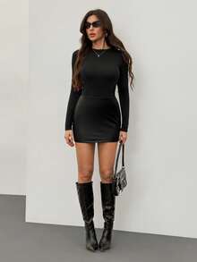 SHEIN Tall Women's Sexy Casual Black PU Low Waist Bodycon Mini Skirt (With Leggings Included), Black Mini Skirt, Tight Skirt, Short Black Skirt - Black - View 4