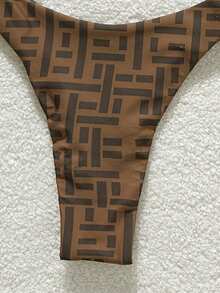 Swim Vcay New Geometric Print High Cut Strappy Halter 3pcs Bikini Set For Summer Beach Vacation - Multicolor - View 4