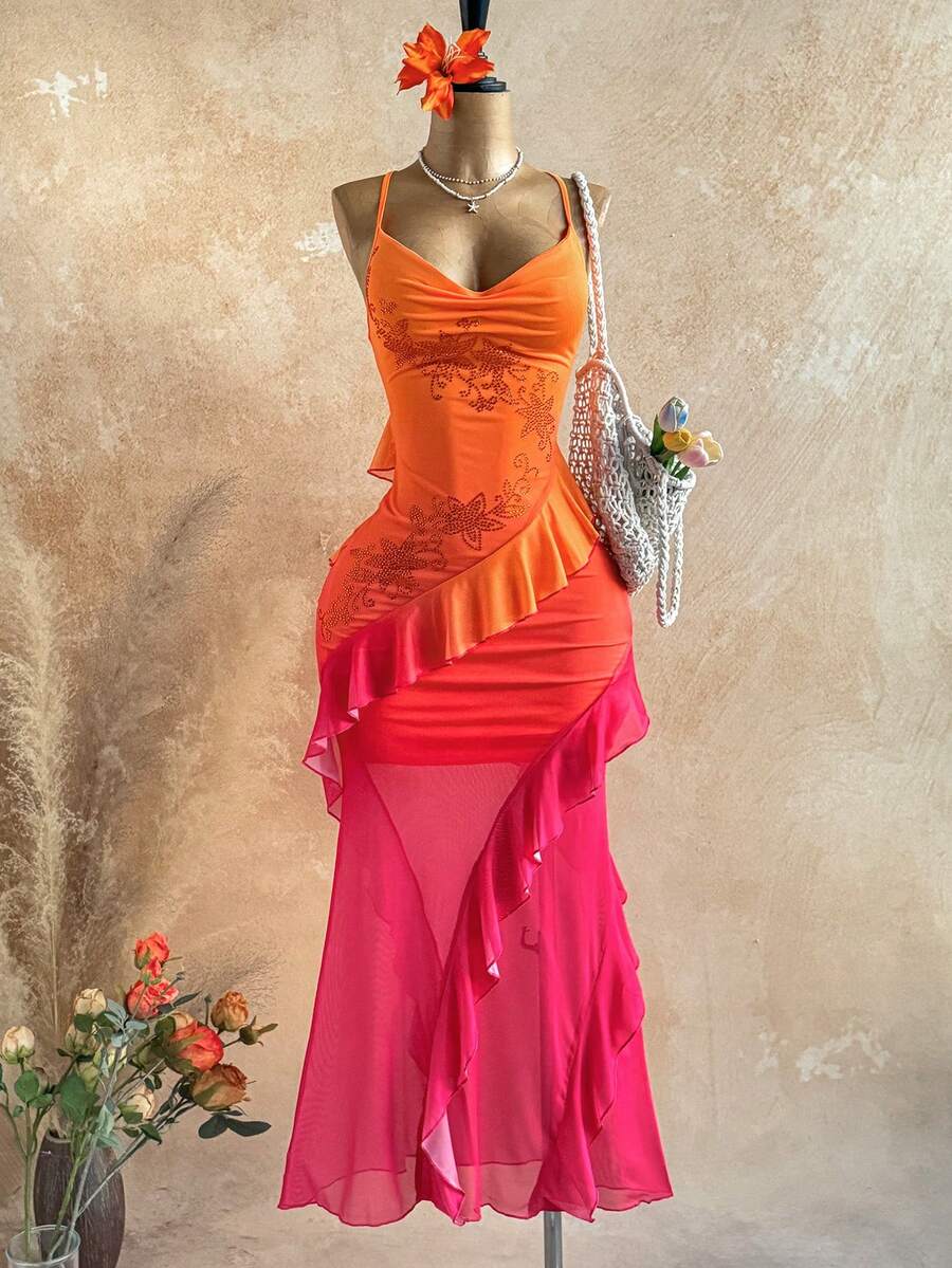 Soleia Đầm nữ in họa tiết hoa cổ điển nhiều màu sắc, cổ xếp ly, gấu đầm bồng bềnh, kiểu dáng đi nghỉ mát. - Màu Cam cháy - Xem 1