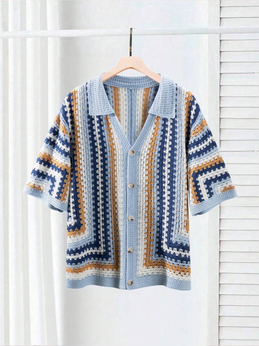 Manfinity RSRT Áo khoác cardigan nam tay ngắn, kiểu dáng tối giản, khoét lỗ, thời trang. - Màu xanh nhạt - Xem 1