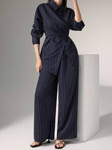 SHEIN Tall CURVE 大码休闲通勤条纹衬衫和裤子两件套，女式连体裤，藏蓝色连体裤，女士连体裤，女士工作连体裤 - 彩色 - 查看 5