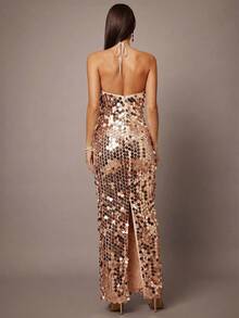 Silquee Sexy Sequin Solid Color Halter Elegant Bodycon Dress - Champagne - View 2