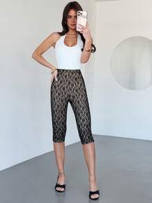 Firerie 女士优雅浪漫蕾丝打底裤，裸色内衬，凸显腰线，七分裤长，休闲百搭，适合春夏穿着，约会、日常穿着、度假、音乐节等场合。 - 黑色 - 查看 10