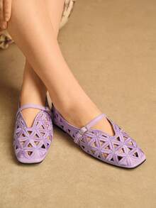Rosivie Elegant Hollow-Out Flat Shoes For Women, Fashion & Comfortable, French Square Toe Graceful Flats - Purple - View 2