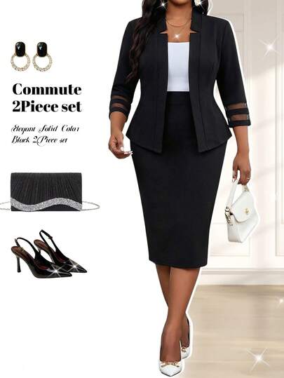 Fleurora Spring And Summer Elegant Commuting Office Work Black Knitted Notched Contrast Mesh Bodycon Dress Midi Three Quarter Length Sleeve Plus Size Suit Plus Size Women Mesh Splice Open Front Long Sleeve Top And Skirt Casual Suit, Suitable For Daily Commute And Office Wear Spring Outfit Women Casual Sets For Women