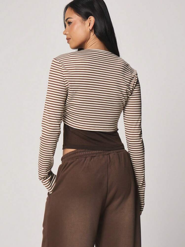 MISSGUIDED Double Layered Button Through Horizontal Striped Long Sleeve Crop Top Fall Winter Essential