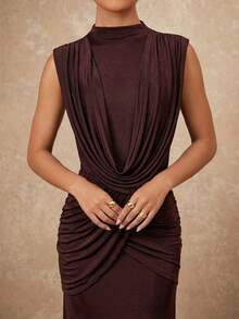 Lumalex 女士优雅棕色立领荷叶袖褶皱修身喇叭连衣裙，春夏款 - 棕色 - 查看 4